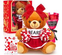 Arrowbash Coffret cadeau de pom-pom girl comprenant un adorable ours de pom-pom girl, une fleur artificielle, une carte et une boîte pour les amateurs de pom-pom girl, cadeaux de fête (rouge)