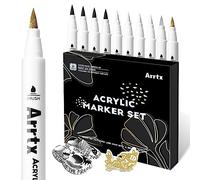 Arrtx Assortiment de 10 marqueurs de peinture acrylique métallique à pointe pinceau et encre à base d'eau pour tissu, roche, bois, verre, toile, céramique, 4 blancs, 4 noirs, 1 or et 1 argent