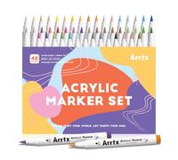 Arrtx Feutre Acrylique 48 couleurs, Marqueurs Acryliques à pointe pinceau pour la peinture de roches, verre, pierre, bois, tissu céramique