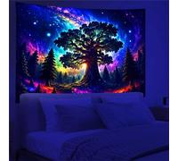 Arsey Tapisserie murale à lumière noire Forêt Trippy - Réactive aux UV - Arbre - Étoiles - Galaxie - Décoration pour salon - Multicolore - Grand 200 x 150 cm