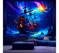Arsey Tapisserie murale bleu - Bateau pirate - Lumière noire réactive aux UV - Paysage de mer hippie - Océan - Décoration chambre à coucher, salon, fête - 200 x 150 cm