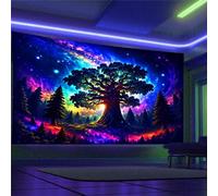 Arsey Tapisserie murale en noir Wald Trippy - UV réactive - Tapisserie murale verticale - Motif : forêt, arbre, étoiles, galaxie - Esthétique - Décoration murale - Salon, multicolore, grand