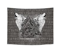 Arsey Tapisserie Viking Valknut Tapis Loup Totem Rune Tenture Murale Tissu Mural PsychéDéLique Nordique Noir Et Blanc Decoration Chambre Grand Format 200 X 150 cm