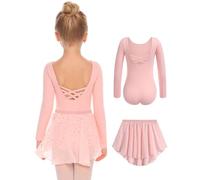 Arshiner Ballet Filles Vêtements Deux Pièces Enfants Robe de Ballet Dos Nu Manches Longues Robe de Ballet Justaucorps Robe de Danse Justaucorps Balette Vêtements Rose 140 5-6 Ans