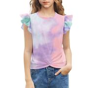 Arshiner Chemise à Manches Courtes pour Filles - T-Shirt Twist Front, Blouse Mignonne à Manches Volantes, Tunique Thé Tops Tie Dye 130