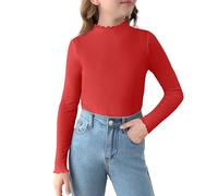 Arshiner Chemise Rouge à Manches Longues pour Filles Pull CôTelé à Demi-Col Hauts Festifs Chemise à Col Roulé pour Enfants Noël 130/7-8 Ans