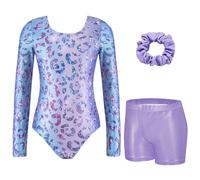 Arshiner Fille Justaucorps Trois Pièces à Manches Longues Body de Gymnastique Léopard Pour Enfants Combinaison avec Short et Bandeau Justaucorps de Danse Pailleté Académie de Ballet 130/4-5 Ans