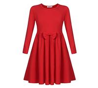 Arshiner Fille Robes Casual Longues Manches Loisirs Enfants Hiver Automne Robe A-Line Coton Basic Col Rond Robe avec Noeud Papillon pour Filles 6-7 Ans Rouge