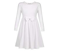 Arshiner Fille Robes Casual Longues Manches Loisirs Enfants Hiver Automne Robe A-Line Coton Basic Col Rond Robe avec Noeud Papillon pour Filles 8-9 Ans Blanc