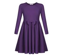 Arshiner Fille Robes Casual Longues Manches Loisirs Enfants Hiver Automne Robe A-Line Coton Basic Col Rond Robe avec Noeud Papillon pour Filles 8-9 Ans Violet foncé