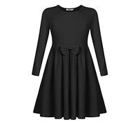 Arshiner Fille Robes Casual Longues Manches Loisirs Enfants Hiver Automne Robe A-Line Coton Basic Col Rond Robe avec Noeud Papillon pour Filles 8-9 Ans Noir