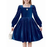 Arshiner Fille Robes Velours Hiver Élégante Festive avec Col Carré Manches Lanternes Casual Manches Longues Robe pour Enfants 12-13 Ans Bleu