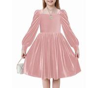 Arshiner Fille Robes Velours Hiver Élégante Festive avec Col Carré Manches Lanternes Casual Manches Longues Robe pour Enfants 13-14 Ans Rose