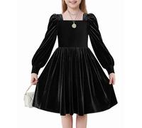 Arshiner Fille Robes Velours Hiver Élégante Festive avec Col Carré Manches Lanternes Casual Manches Longues Robe pour Enfants 13-14 Ans Noir