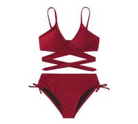 Arshiner Filles Maillot de Bain Ensemble Deux Pièces Enfants Criss Cross Bustier & Slip Bikini Triangle Maillot de Natation Fille Rouge Vineux 120 6-7 Ans