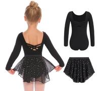 Arshiner Robe de Ballet Deux Pièces à Manches Longues pour Filles Robe de Ballet pour Enfants en Coton Dos Nu Justaucorps de Danse avec Jupe Tutu Noir 140 5-6 Ans