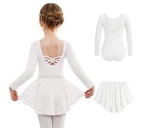 Arshiner Robe de Ballet Deux Pièces à Manches Longues pour Filles Robe de Ballet pour Enfants en Coton Dos Nu Justaucorps de Danse avec Jupe Tutu Blanc 140 5-6 Ans
