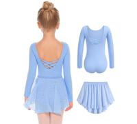 Arshiner Robe de Ballet Deux Pièces à Manches Longues pour Filles Robe de Ballet pour Enfants en Coton Dos Nu Justaucorps de Danse avec Jupe Tutu Bleu 130 3-4 Ans