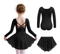 Arshiner Robe De Ballet pour Enfant Coton Noir Deux Pièces Manches Longues Justaucorps De Ballet Dos Nu Robe De Ballerine Corps De Danse pour Enfants avec Tutu 7-8 Ans
