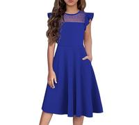 Arshiner Robe d'été en Maille trapèze pour Filles - Robe Patineuse de fête pour Enfants avec 2 Poches latérales - Robe décontractée pour Filles de 6 à 7 Ans - Bleu Ciel 130