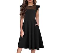 Arshiner Robe d'été pour Filles Robe Patineuse en Maille à Manches Courtes avec 2 Poches latérales Robes trapèze décontractées Unies 8-9T Noir 130