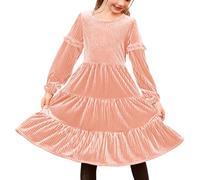 Arshiner Robe en Velours pour Fille - Robe de soirée Princesse à Manches Longues - Rose - Col Rond - Robe trapèze à Volants - Robe de fête d'automne et d'hiver avec Poche - Taille 11-12 Ans