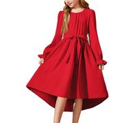 Arshiner Robe pour Fille à Manches Longues en Mousseline de Soie Robe de Fête Rouge de Noël Robe de Fête Enfant Robe d'automne Robe de Soirée avec Ceinture 10-11 Ans