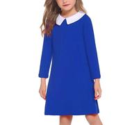 Arshiner Robe pour Filles à Manches Longues Col Claudine - Robe de Fête en Coton pour Enfants - Décontractée Bleu 6-7 Ans