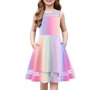 Arshiner Robe pour Filles Robe D'été Arc-en-Ciel sans Manches pour Enfants Robe de Fête en Maille Robe d'éCole Robe d'anniversaire avec Poches 11-12 Ans