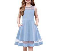 Arshiner Robe pour Filles Robe D'été pour Enfants Robe en Maille à Col Rond Robe de Soirée Trapèze Robe d'anniversaire Bleue Robe d'éCole Robe de Princesse avec Poches 11-12 Ans