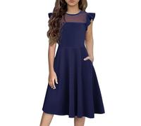 Arshiner Robe pour Filles Uni Manche Flutter Maille Une Ligne Robe Patineuse Robe de Soirée avec 2 Poches Latérales Robes d'été Décontractées 8-9T Bleu Marine 130