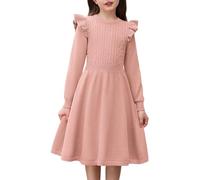 Arshiner Robe Pull Fille Robe Tricotée Automne Hiver Flutter Robe à Manches Longues A-Ligne Plaine Fête Robe Décontractée pour Enfants