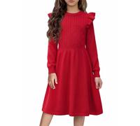 Arshiner Robe Pull Fille Robe Tricotée Automne Hiver Flutter Robe à Manches Longues A-Ligne Plaine Fête Robe Décontractée pour Enfants