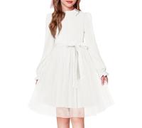 Arshiner Robes Fille Manches Bouffantes Tulle Tenue Soirée épaisse Coupe Trapèze Tenue Décontracté Automne Hiver Robe Col Rond Vêtements pour Enfants avec Ceinture 6-13 Ans