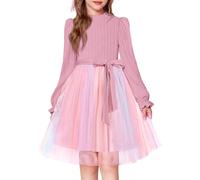 Arshiner Robes Fille Manches Bouffantes Tulle Tenue Soirée épaisse Coupe Trapèze Tenue Décontracté Automne Hiver Robe Col Rond Vêtements pour Enfants avec Ceinture 6-13 Ans