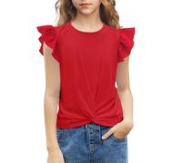 Arshiner T-Shirts Fille Manches Volantes Loisirs été T-Shirts Enfants Mode col Rond Coton Basique Manches Courtes T-Shirt Fille Rouge 150