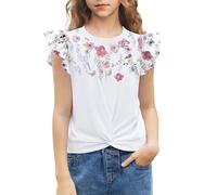 Arshiner T-Shirts imprimés Filles Manches Courtes Enfants Mode Loisirs Chemise été Manches Volantes Tops t-Shirt Basique Fille Fleurs 150