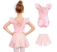 Arshiner Vêtements de Ballet Pour Filles Robe de Ballet Deux Pièces Dos Nu Nœuds Costume de Danse Pour Enfants Robe de Danse à Manches Courtes Justaucorps de Ballet Avec Jupe Tutu 7-8 Ans