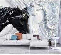 Art Abstrait Double Cheval Noir Et Blanc Relief Tridimensionnel Papier Peint 3D Installation Facile Intissé Tapisserie Bureau Salon Canapé Chambre Décoration Murale-250cm×170cm
