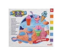 Art and Fun Lot de 3 sables de jeu pour crème glacée, 3 x 200 g de sable, plateforme, 4 x gobelets, 1 x moule, 1 x cuillère, 1 x portionneur, rouleau, couteau, à partir de 3 ans