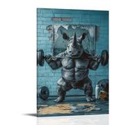 Art Animals Gym Rat Rhinocéros - Haltères musclés avec bandeau absorbant, miroir fissuré et bouteille de protéines, décoration murale moderne à suspendre 30 x 45 cm