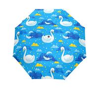 Art Bleu Cygne Élégant Parapluie Pliant Ouverture et Fermeture Automatique Protection UV Parapluies Pliant Coupe-Vent Ultra-léger pour Voyager Plage Femmes Enfants Fille