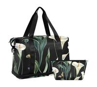 Art Calla Lily Flower Sac de week-end vert et blanc avec poche humide Sangle réglable Grand sac de sport pour randonnée Ensemble de 2 pièces pour homme et femme
