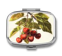 Art Cherry Peinture Pilulier 2 Compartiments Portable avec Miroir pour Poche Sac à Main Voyage Mini Organisateur Médicaments en Métal pour Vitamines Huile de Poisson