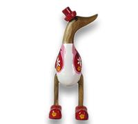 ART-CRAFT Caillebotis de Canard en Bois Canard Courant Décoration de Jardin Figurine en Racine de Bambou et Bois de Teck avec Motif de Fleur Décoré en Blanc 25 cm de Haut