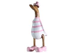 ART-CRAFT Canard en bois Canard qui court Décoration de jardin Figurine en racine de bambou et bois de teck Rayé rose peint à la main 25 cm de haut