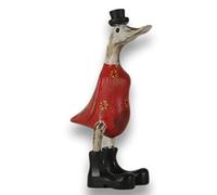 ART-CRAFT Canard en bois qui marche - Figurine de décoration de jardin en racine de bambou et bois de teck avec bottes et chapeau - Rouge antique - 25 cm de haut