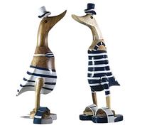 ART-CRAFT Lot de 2 figurines de canard en bois - Décoration de jardin - Racine de bambou et teck - Bleu - Bikini - 25 cm de haut - Peint à la main