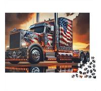 Art de camion américain, puzzle 1000 pièces pour adultes, semi-remorque patriotique, reflet, coucher de soleil, drapeau, premium épais robuste haute qualité stimulant difficile cadeau, 38x26cm/1000pcs