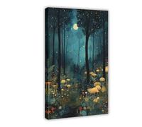 Art de la forêt au clair de lune - Peinture sur toile motif champignons et lucioles lumineux pour décoration de chambre à coucher, bureau, chambre, cadeau 40,6 x 61 cm (L x l)